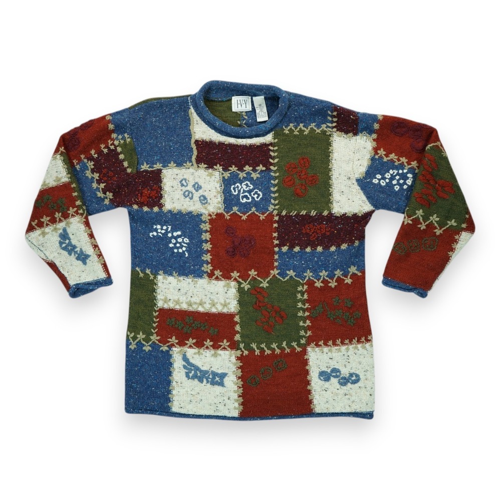 Vintage 90s IVY Hand Knit Sweater Flowers / Colorblock Pattern Size M Women's‎